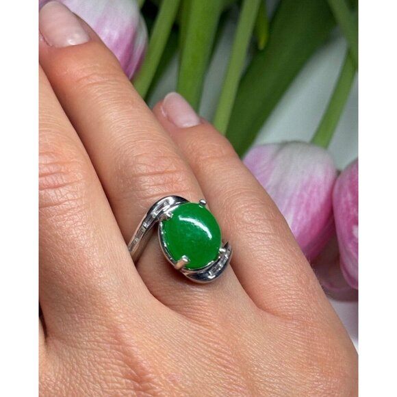 D'Joy 925 STERLING SILVER GREEN NEPHRITE & WHITE BERYL RING SIZE 6.5 - Picture 4 of 9